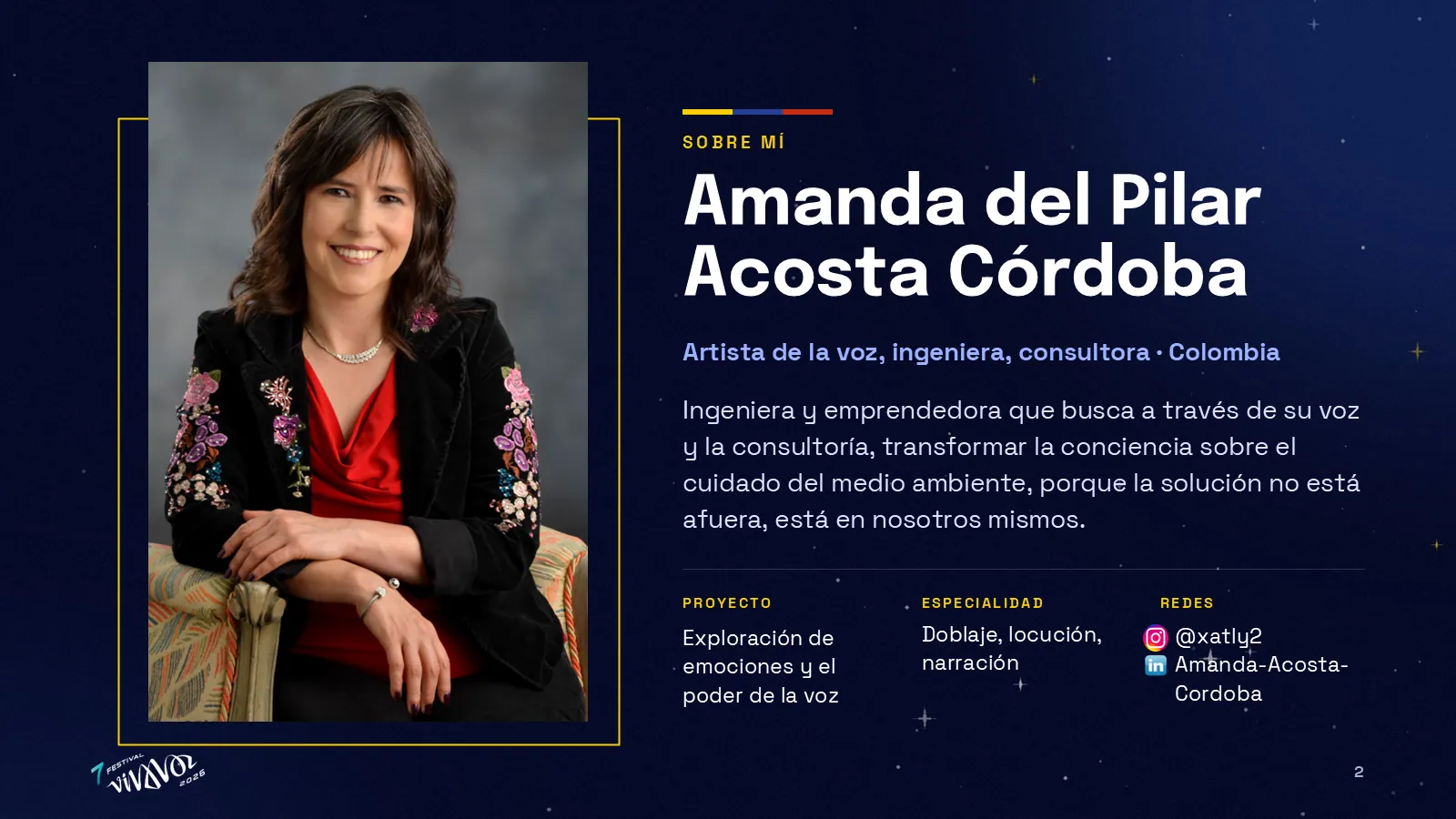 Amanda del Pilar Acosta Córdoba, artista de la voz, ingeniera y consultora