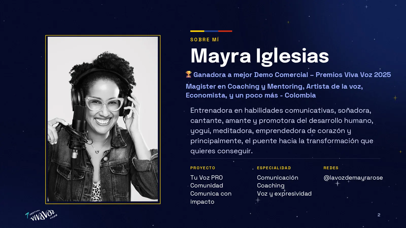 Mayra Iglesias, coach en comunicación y artista de la voz, ganadora del Premio Viva Voz 2025 a mejor demo comercial
