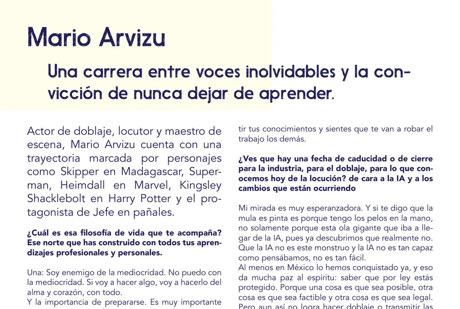 Apertura de la entrevista a Mario Arvizu en la revista Viva Voz 2026